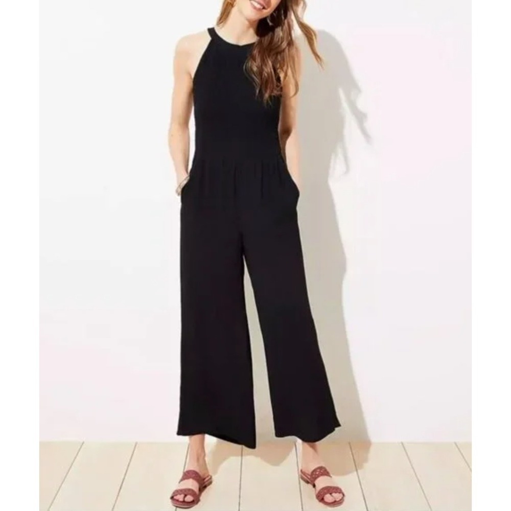 LOFT Smocked Halter Jumpsuit Black Wide Leg Cropped Vacation Casual Size 2P